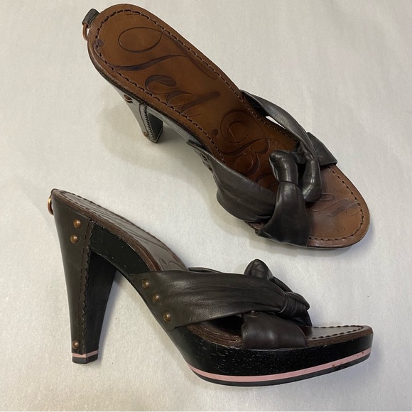 Ted Baker Women’s Heeled Mules Wood Block Heel Platform Leather Knot Designer - Picture 1 of 16